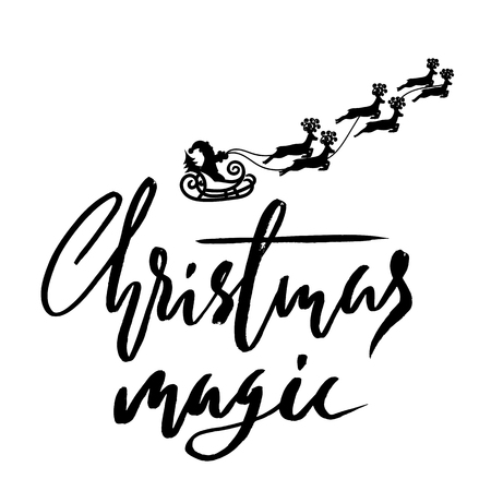Silhouette Sleigh of Santa Claus and Reindeers. Christmas Lettering. Vector illustration.のイラスト素材