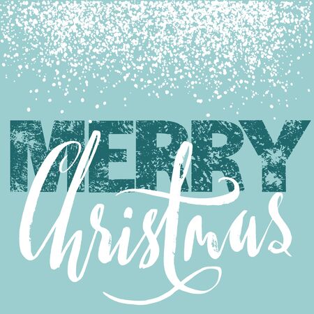 Merry Christmas grunge lettering design on blue background with white snow. Holiday lettering card. Vector illustration. Snowflakes background.のイラスト素材