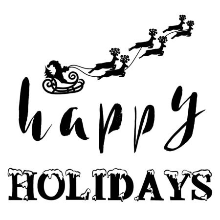 Silhouette Sleigh of Santa Claus and Reindeers. Happy Holidays Letteringのイラスト素材