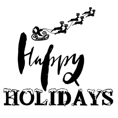 Silhouette Sleigh of Santa Claus and Reindeers. Happy Holidays Letteringのイラスト素材