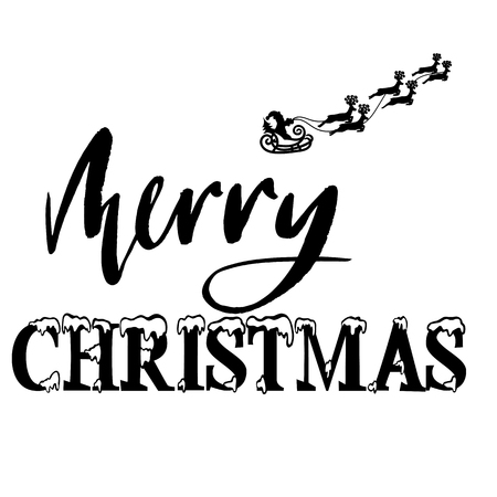 Classic lettering design for a Christmas greetings. Santa Claus riding a sleigh with Christmas deers. Black and white vector illustration.のイラスト素材