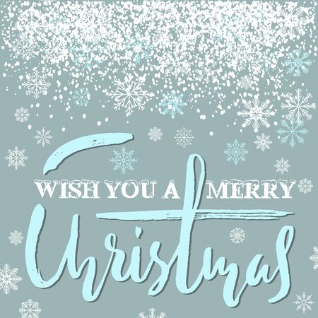 Merry Christmas grunge lettering design on blue background with white snow. Holiday lettering card. Vector illustration. Snowflakes background.のイラスト素材