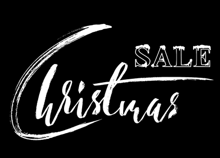 Christmas sale hand drawn lettering. Handmade calligraphy in white color isolated on black background for your design. Vector illustration.のイラスト素材