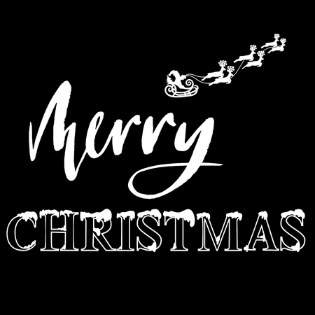 Classic lettering design for a Christmas greetings. Santa Claus riding a sleigh with Christmas deers. Black and white vector illustration.のイラスト素材