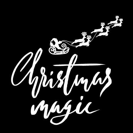 Silhouette Sleigh of Santa Claus and Reindeers. Christmas Lettering. Vector illustration.のイラスト素材