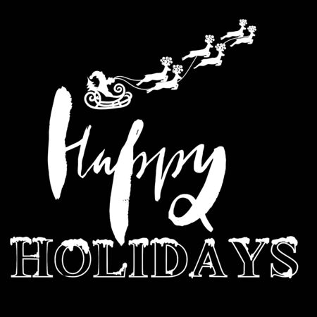 Silhouette Sleigh of Santa Claus and Reindeers. Happy Holidays Letteringのイラスト素材
