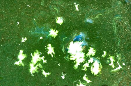 Green and golden liquid texture, watercolor hand drawn marbling illustration, abstract background,...