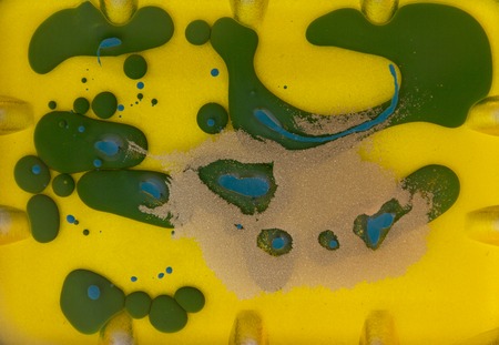Yellow, green and golden liquid texture, watercolor hand drawn marbling illustration, abstract background, aqua printの写真素材