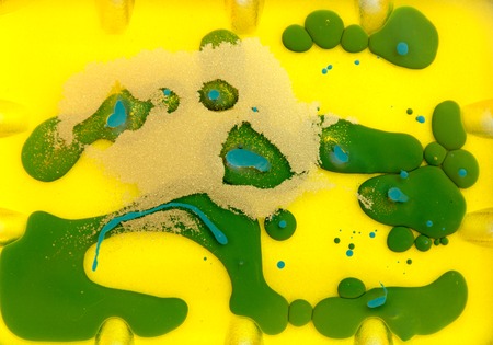 Yellow, green and golden liquid texture, watercolor hand drawn marbling illustration, abstract background, aqua printの写真素材