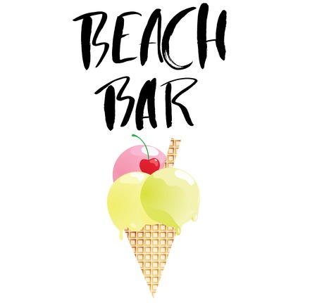 Hand drawn phrase beach bar isolated on the white background. Hand lettering calligraphy greeting card or invitation for summer party template and other seasonal Summer holiday. Vector textureのイラスト素材
