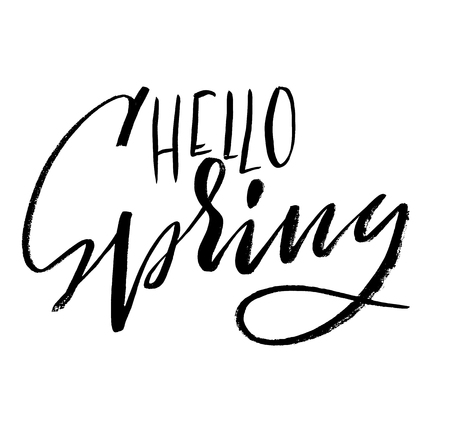 Hand lettered style spring design on a white background. Hello spring hand drawn calligraphy letters. Vector illustrationのイラスト素材
