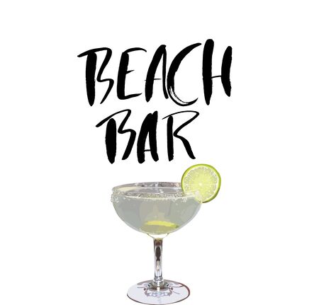 Hand drawn phrase beach bar isolated on the white background. Hand lettering calligraphy greeting card or invitation for summer party template and other seasonal Summer holiday. Vector textureのイラスト素材