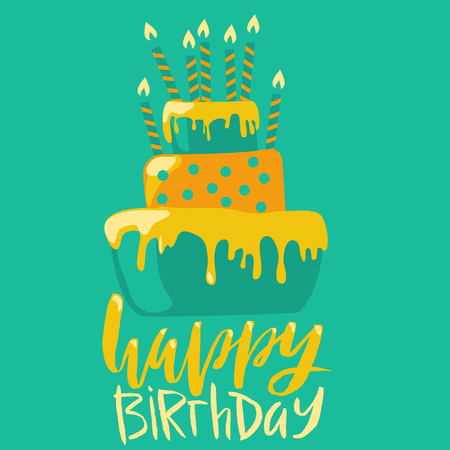 Happy birthday card with cake and candles. Vector birthday lettering on green background. EPS10.のイラスト素材