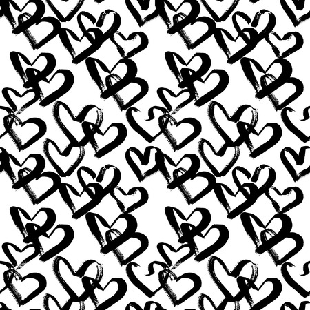Abstract seamless heart pattern. Ink illustration. Black and white background.のイラスト素材