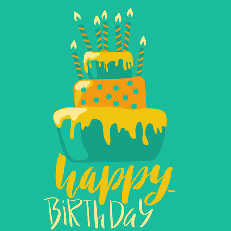 Happy birthday card with cake and candles. Vector birthday lettering on green background.のイラスト素材