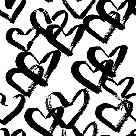 Abstract seamless heart pattern. Ink illustration. Black and white background.のイラスト素材