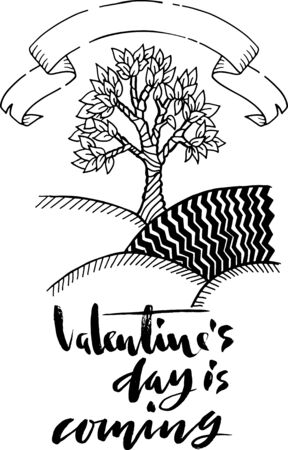 Hand drawn tree with st. Valentine lettering. Vector grunge illustrationのイラスト素材