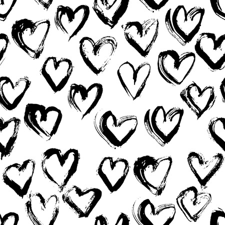 Abstract seamless heart pattern. Ink illustration. Black and white background.のイラスト素材