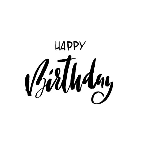 Happy birthday inscription. Greeting card with calligraphy. Hand drawn design. Black and white illustrationのイラスト素材