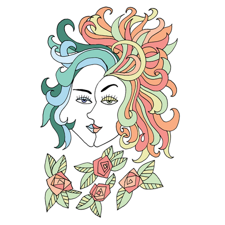 Girl with two faces and flowers. Winter and springのイラスト素材