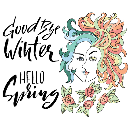 Girl with two faces and flowers. Winter and spring illustrationの写真素材