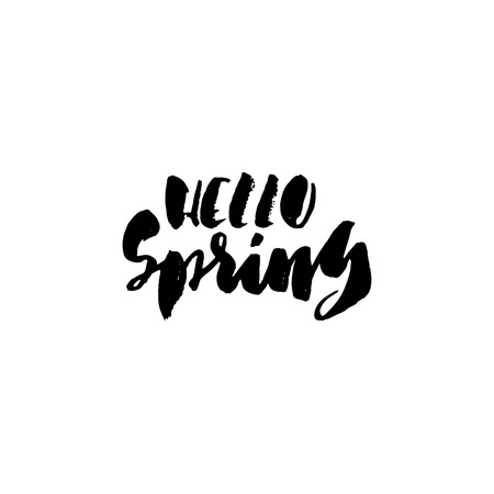 Hand lettered style spring design on a white background. Hello spring hand drawn calligraphy letters. Vector illustration.のイラスト素材