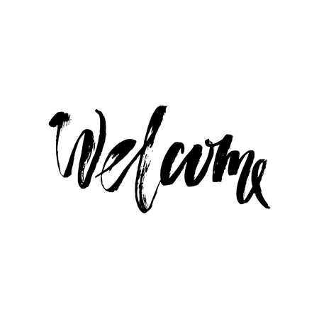 Welcome inscription. Greeting card with calligraphy. Hand drawn design elements. Black and white.の写真素材