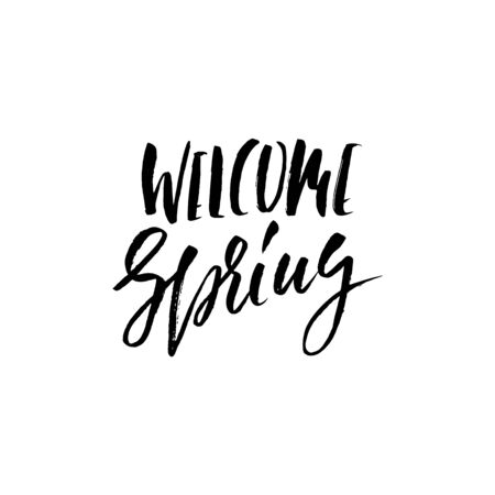 Hand lettered style spring design on a white background. Welcome Spring hand drawn calligraphy letters. Vector illustration.の写真素材