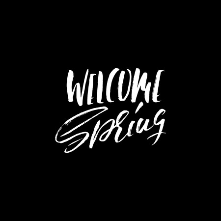 Hand lettered style spring design on a white background. Welcome Spring hand drawn calligraphy letters. Vector illustration.の写真素材
