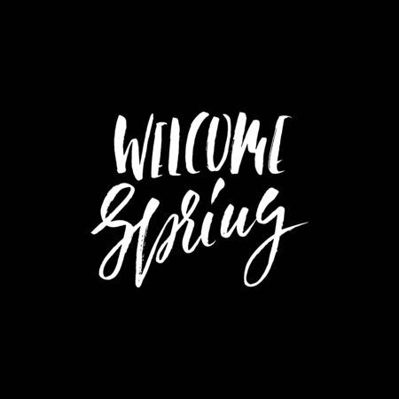 Hand lettered style spring design on a white background. Welcome Spring hand drawn calligraphy letters. Vector illustration.の写真素材