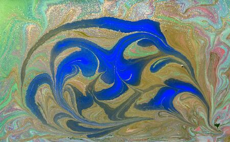 Green and blue liquid texture. Hand drawn marbling background. Ink marble abstract patternの写真素材