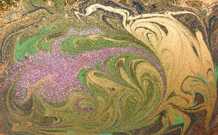Green, purple and golden liquid texture. Hand drawn marbling background. Ink marble abstract patternの写真素材