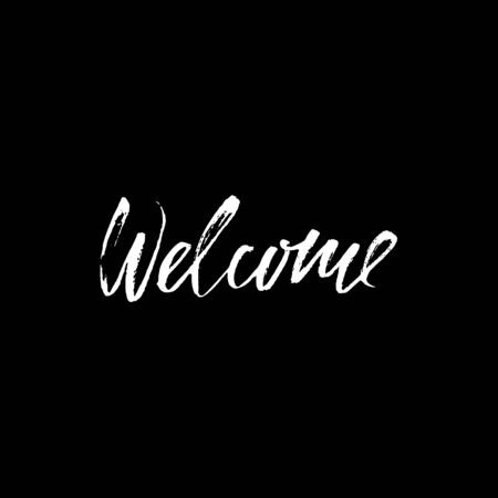Welcome inscription. Greeting card with calligraphy. Hand drawn design elements. Black and white vector illustration. Handwritten dry brush inscriptionのイラスト素材