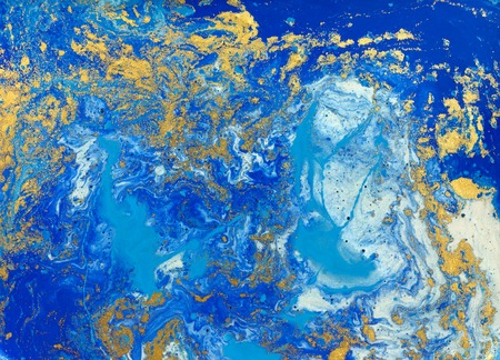 Blue and golden liquid texture, watercolor hand drawn marbling illustration, abstract backgroundの写真素材