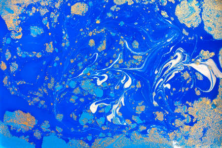 Blue and golden liquid texture, watercolor hand drawn marbling illustration, abstract background