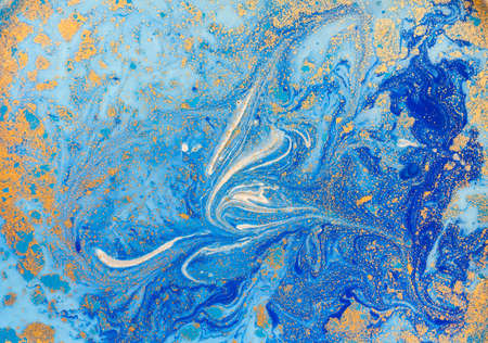Blue and golden liquid texture, watercolor hand drawn marbling illustration, abstract background