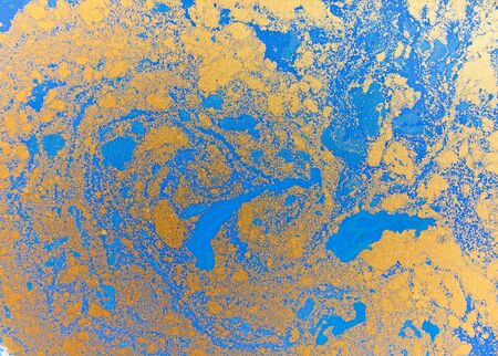 Blue and golden liquid texture, watercolor hand drawn marbling illustration, abstract backgroundの写真素材