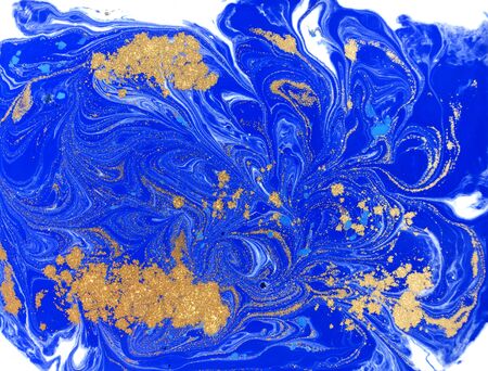 Blue and golden liquid texture. Watercolor hand drawn marbling illustration. Ink marble background.の写真素材