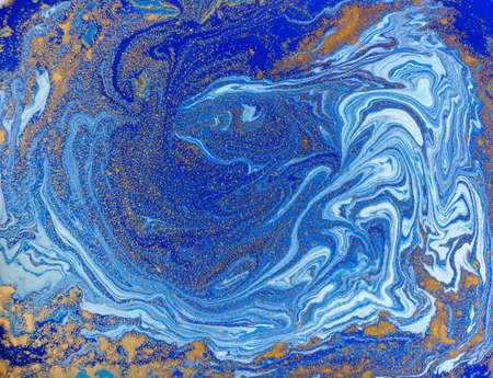Blue and golden liquid texture. Watercolor hand drawn marbling illustration. Ink marble background.の写真素材