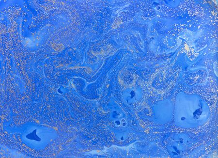 Blue liquid texture. Watercolor hand drawn marbling illustration. Ink marble background.の写真素材