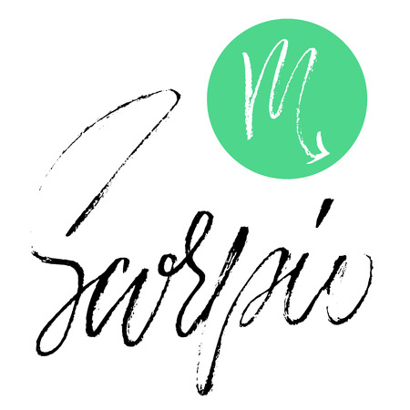 Zodiac sign of Scorpio. Astrology vector illustration. Sketch isolated on white background. Handwritten lettering designのイラスト素材