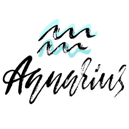 Zodiac sign of Aquarius. Astrology vector illustration. Sketch isolated on white background. Handwritten lettering designのイラスト素材