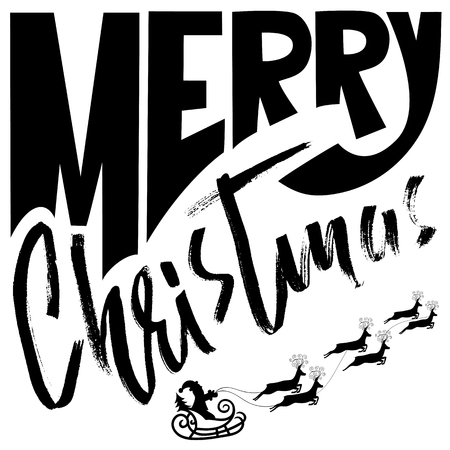 Silhouette Sleigh of Santa Claus and Reindeers. Merry Christmas handwritten modern dry brush lettering. Vector inscriptionのイラスト素材