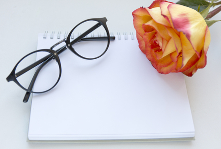 Notebook mock up for artwork with red and yellow rose and gasses . Top view. Place for text. Fresh flowerの写真素材