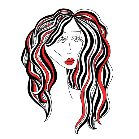 Sad woman with beautiful hair and red lips. Digital sketch grafic black and white style. Vector illustration.のイラスト素材