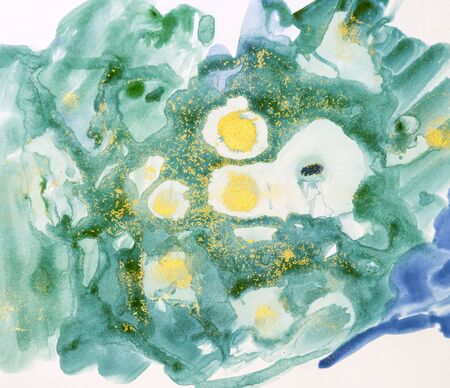 Watercolor background painting on white paper. Blue, green and golden abstract texture. Color smudges surface.の写真素材