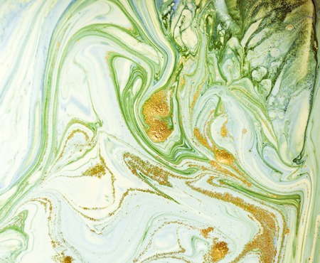 Marbled blue, green and gold abstract background. Liquid marble pattern.の写真素材