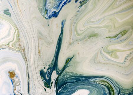 Marbled blue, green and gold abstract background. Liquid marble pattern.