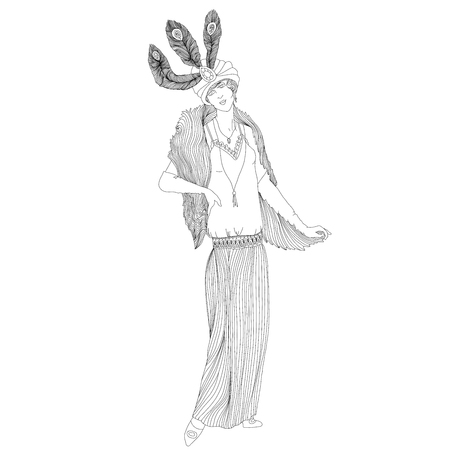 Beautiful retro style woman. Vector illustration. Vintage girl with feathers on her hat. Adult anti-stress coloringのイラスト素材