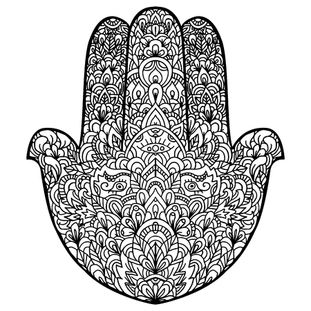 Hamsa hand drawn symbol. Fatimas hand pattern. Vector illustration. Indian mandala ornament for adult coloring books. Asian pattern. Black and white authentic background.のイラスト素材